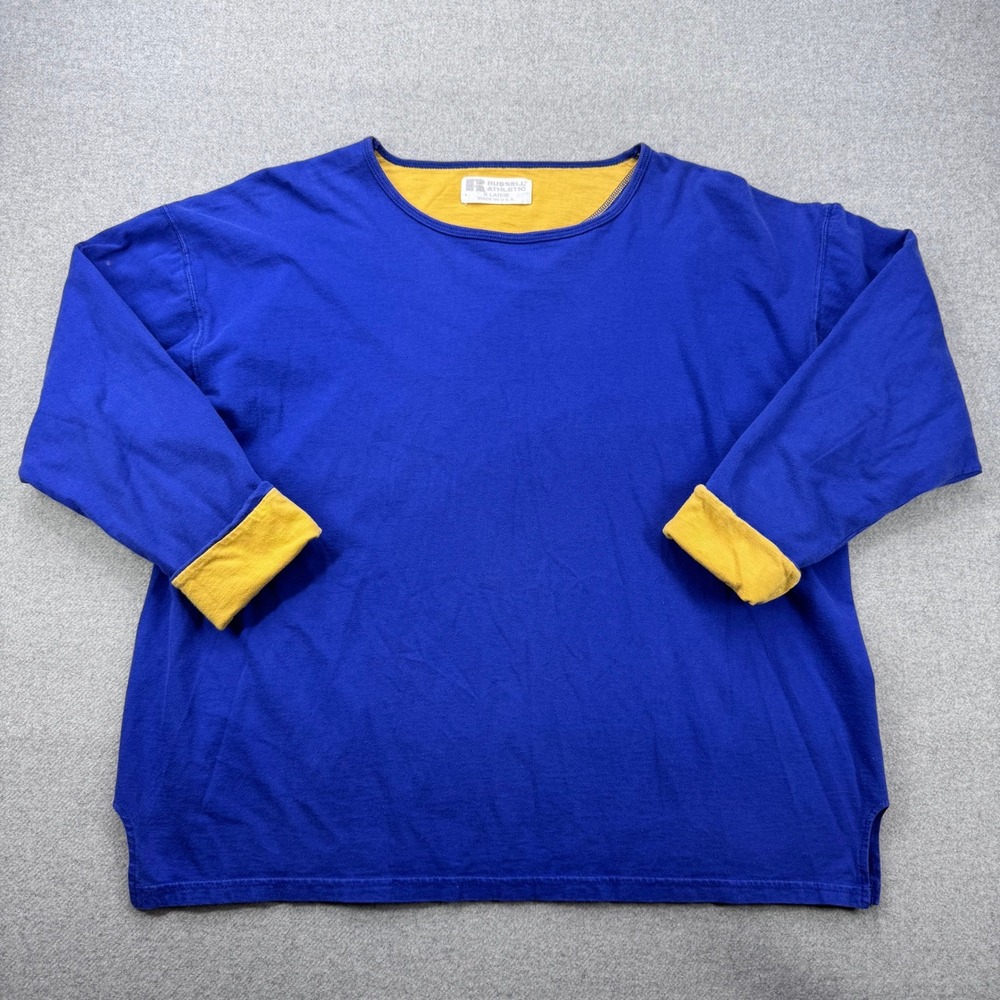 Russell‎ Athletic Long Sleeve Shirt Women XL Blue Yellow Vintage 90s Made in USA